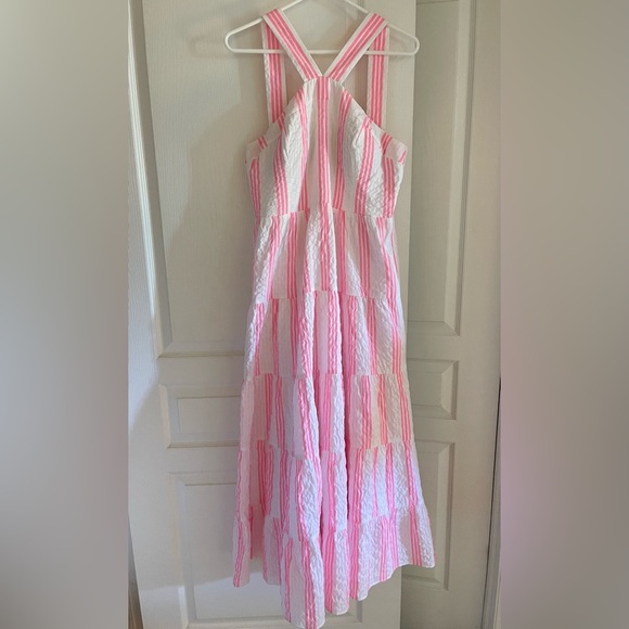 Lilly Pulitzer Jenette Halter Midi Dress Havana Pink Stripes Seersucker Size 10 - Picture 9 of 16